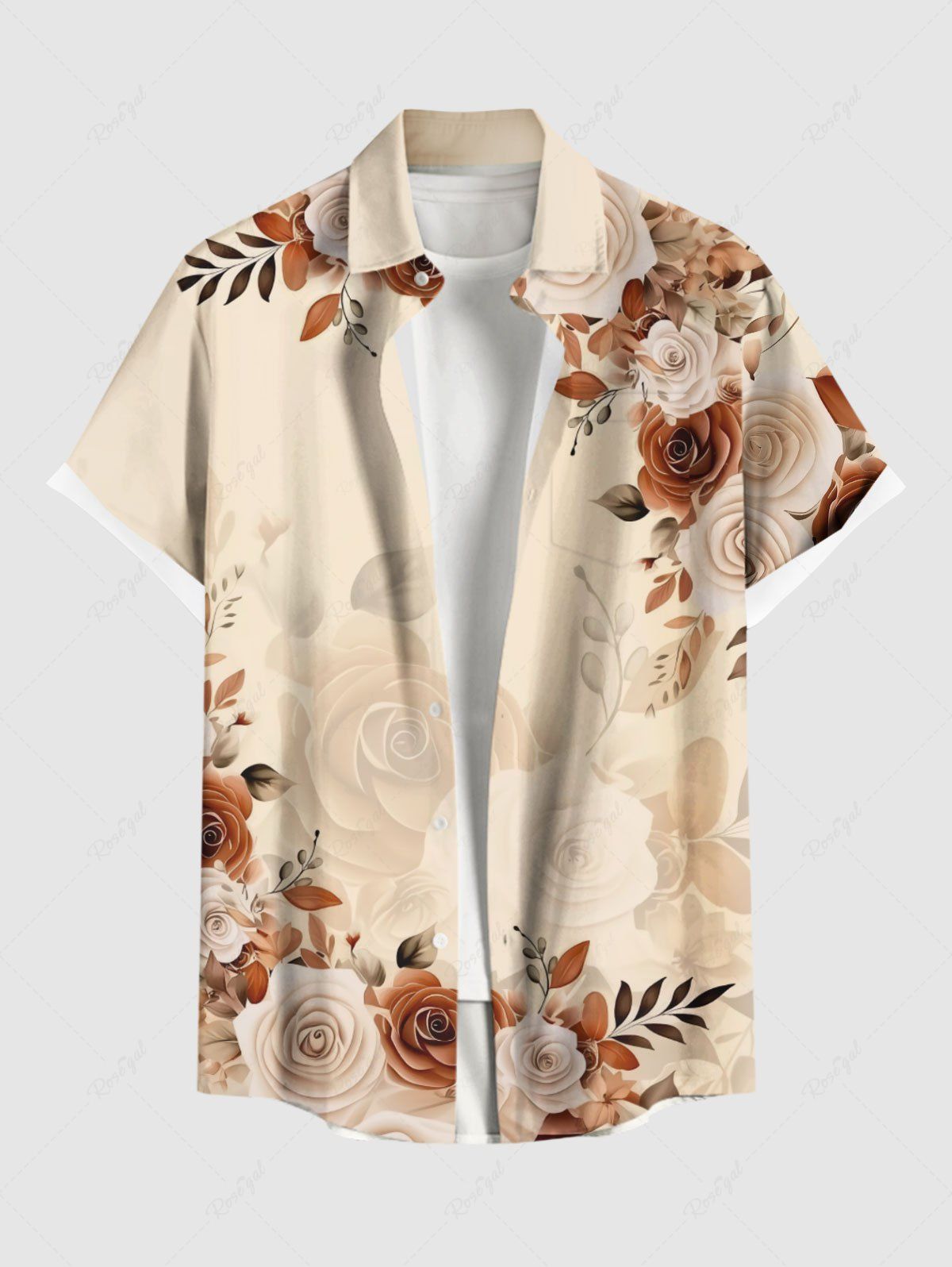 Best Plus Size Ombre Rose Flower Leaf Branch Print Hawaii Button Pocket Shirt For Men  