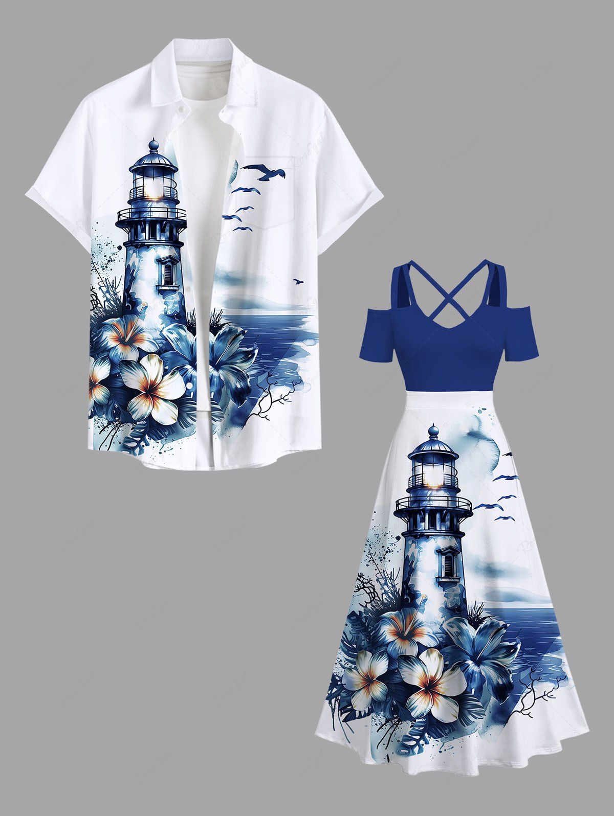 Tenue de plage hawaïenne assortie grande taille pour couple, motif fleurs, mer, pont d'observation, imprimé oiseaux Bleu 