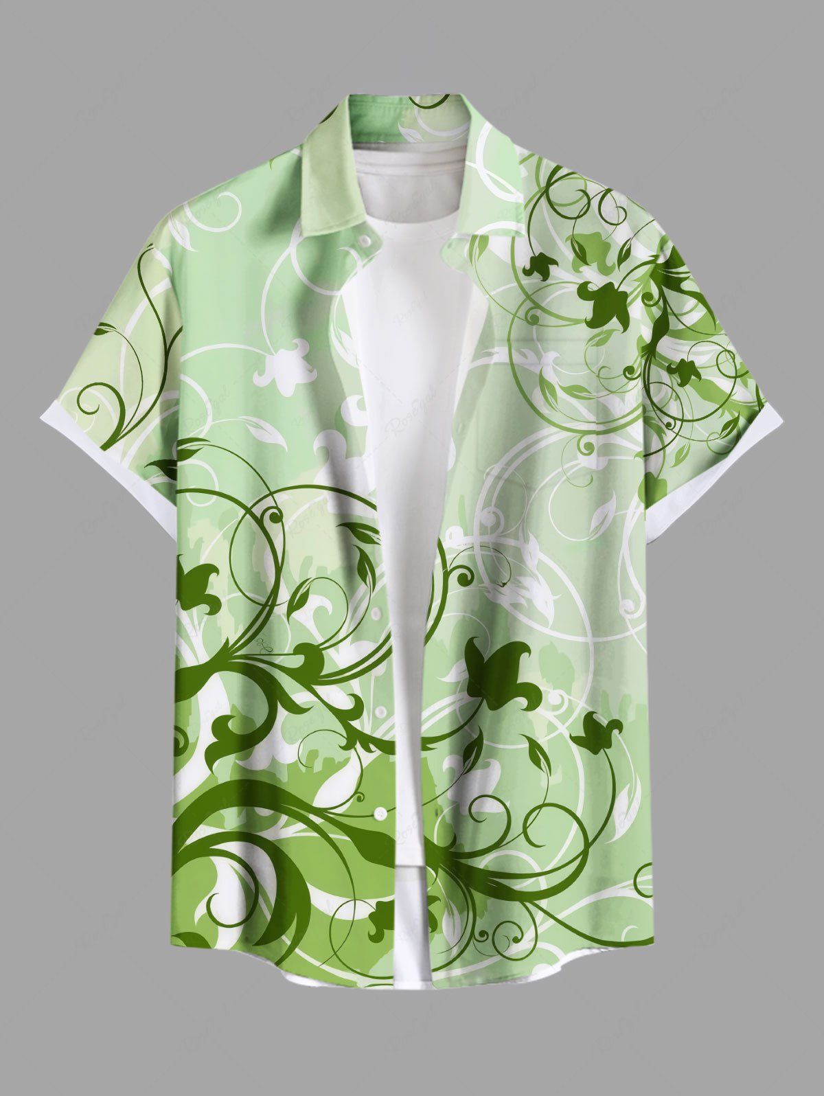 Trendy Plus Size Curve Branch Leaves Print Hawaii Ombre Button Pocket Shirt For Men  