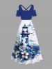 Tenue de plage hawaïenne assortie grande taille pour couple, motif fleurs, mer, pont d'observation, imprimé oiseaux - Bleu 