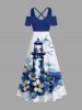 Tenue de plage hawaïenne assortie grande taille pour couple, motif fleurs, mer, pont d'observation, imprimé oiseaux - Bleu 
