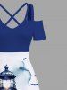 Tenue de plage hawaïenne assortie grande taille pour couple, motif fleurs, mer, pont d'observation, imprimé oiseaux - Bleu 