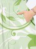 Robe Mi-Longue Linge A Fendue Feuille et Branche Ombré Imprimés de Grande Taille avec Poche - Vert 1X