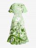 Robe Mi-Longue Linge A Fendue Feuille et Branche Ombré Imprimés de Grande Taille avec Poche - Vert 3X
