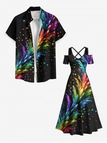 Colorful Stars Smoke Print Plus Size Matching Hawaii Beach Outfit For Couples - BLACK