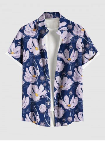 Plus Size Daisy Flower Print Buttons Pocket Hawaii Shirt For Men