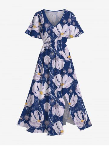 Plus Size Daisy Flower Print Split Hawaii Midi Dress