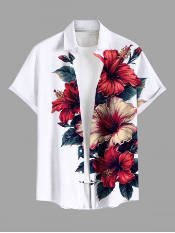 Plus Size Hibiscus Flower Leaf Print Buttons Pocket Hawaii Shirt For Men - WHITE - M