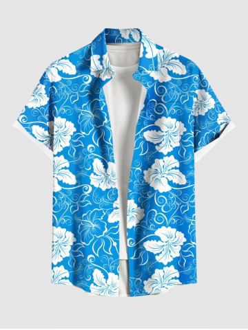 Plus Size Tropical Hibiscus Flower Print Buttons Pocket Hawaii Shirt For Men - BLUE - S