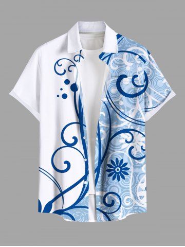 Plus Size Floral Pattern Print Buttons Pocket Hawaii Shirt For Men - BLUE - S