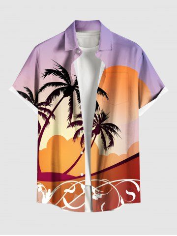 Plus Size Coconut Tree Floral Sun Print Buttons Pocket Hawaii Shirt For Men