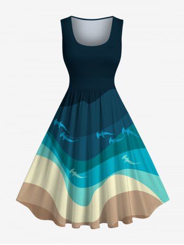 Plus Size Beach Sea Sharks Dolphin Print Hawaii 1950s Vintage Dress - MULTI-A - M