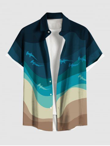 Plus Size Beach Sea Sharks Dolphin Print Buttons Pocket Hawaii Shirt For Men