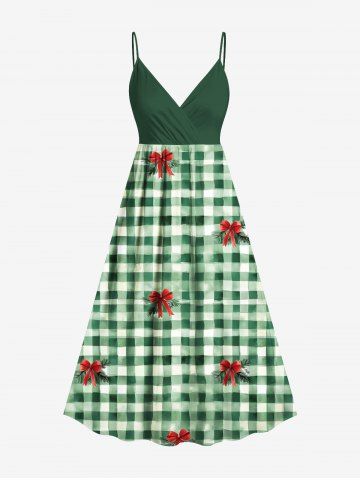 Plus Size Tropical Leaves Bowknot Plaid Print Hawaii St. Patrick's Day Surplice A Line Cami Dress - GREEN - S