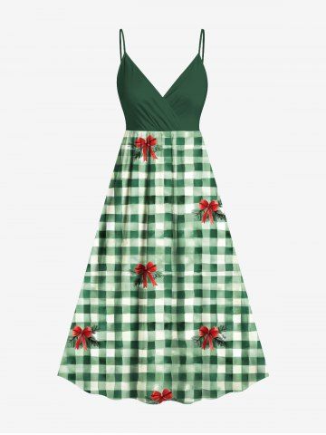 Plus Size Tropical Leaves Bowknot Plaid Print Hawaii St. Patrick's Day Surplice A Line Cami Dress - GREEN - 5X