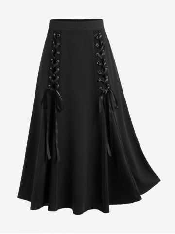 Halloween Vampire Costume Gothic Lace Up Two Tone Godet Hem Midi A Line Victorian Walking Skirt - MULTI-A - L | US 12