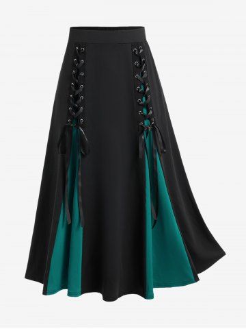Halloween Vampire Costume Gothic Lace Up Two Tone Godet Hem Midi A Line Victorian Walking Skirt - DEEP GREEN - 2X | US 18-20