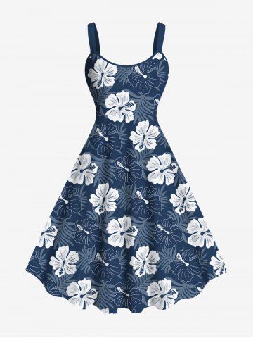 Plus Size Floral Tropical Leaves Print Hawaii A Line Tank Dress