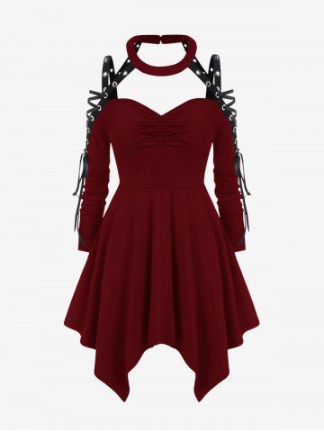 Gothic Choker Lace Up Cutout Handkerchief Dress - DEEP RED - 5X | US 30-32