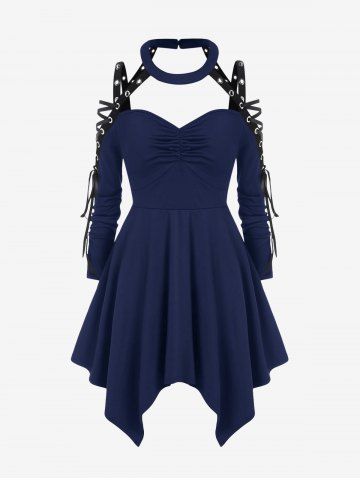 Gothic Choker Lace Up Cutout Handkerchief Dress - DEEP BLUE - L | US 12