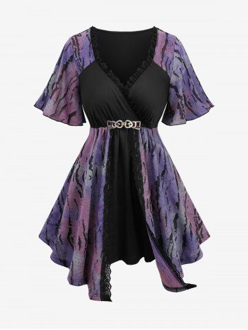 Plus Size Tie Dye Ombre Jacquard Lace Trim Buckle Belted Surplice Top - PURPLE - M | US 10