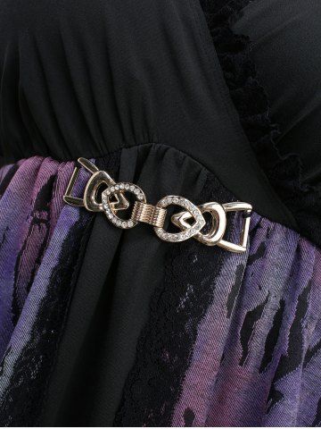 Plus Size Tie Dye Ombre Jacquard Lace Trim Buckle Belted Surplice Top