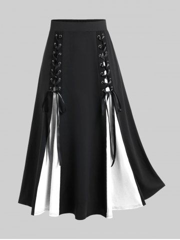 Halloween Vampire Costume Gothic Lace Up Two Tone Godet Hem Midi A Line Victorian Walking Skirt - WHITE - 5X | US 30-32