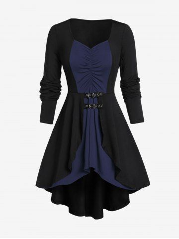 Plus Size Lace Up Contrast Ruched Grommets Buckle T Shirt - DEEP BLUE - 5X | US 30-32