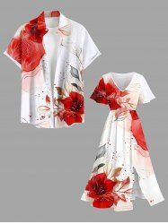 Tenue de plage hawaïenne assortie grande taille, motif floral et ligne imprimé tie-dye aquarelle, pour couples - Rouge 