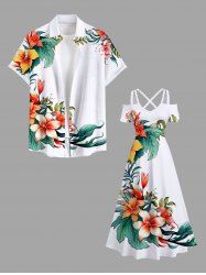 Floral Tropical Leaves Print Plus Size Matching Hawaii Beach Outfit For Couples - Blanc 