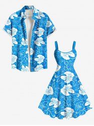 Tenue de Plage à Imprimé Fleurs Tropicales D'Hibiscus Grande-Taille pour Couples - Bleu 