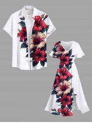 Tenue de Plage pour Couples en Feuilles D'Hibiscus et Fleurs Grande-Taille - Blanc 
