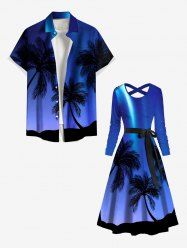 Tenue de Plage Grande Taille à Imprimé Cocotiers et Etoiles Brillantes 3D pour Couples - Bleu 