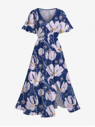 Robe Hawaïen Mi-Longue Fendue Fleur Marguerite Imprimée de Grande Taille - Bleu profond M