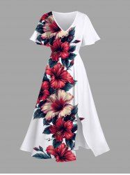 Plus Size Hibiscus Flower Leaf Print Split Hawaii Midi Dress -  