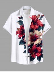Plus Size Hibiscus Flower Leaf Print Buttons Pocket Hawaii Shirt For Men -  