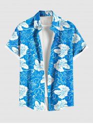 Plus Size Tropical Hibiscus Flower Print Buttons Pocket Hawaii Shirt For Men -  