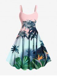 Robe à Bretelle Ligne A Boutonnée Fleurie Tropicale et Arbre de Noix de Coco Imprimés de Grande Taille - Rose clair S