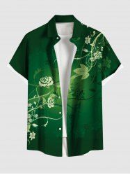 Plus Size Rose Flower Leaf Ombre Print Buttons Pocket Hawaii Shirt For Men -  