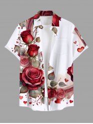 Plus Size Rose Flower Leaf Heart Print Valentines Hawaii Button Pocket Shirt For Men -  