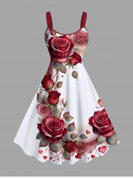 Plus Size Rose Flower Leaf Heart Print Valentines Hawaii A Line Tank Dress -  