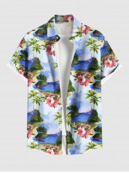 Plus Size Coconut Tree Sea Floral Cloud Print Hawaii Button Pocket Shirt For Men -  