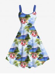Robe Paysage de Plage Ligne A Fleur et Arbre Noix de Coco Imprimés de Grande Taille - Bleu clair 4X