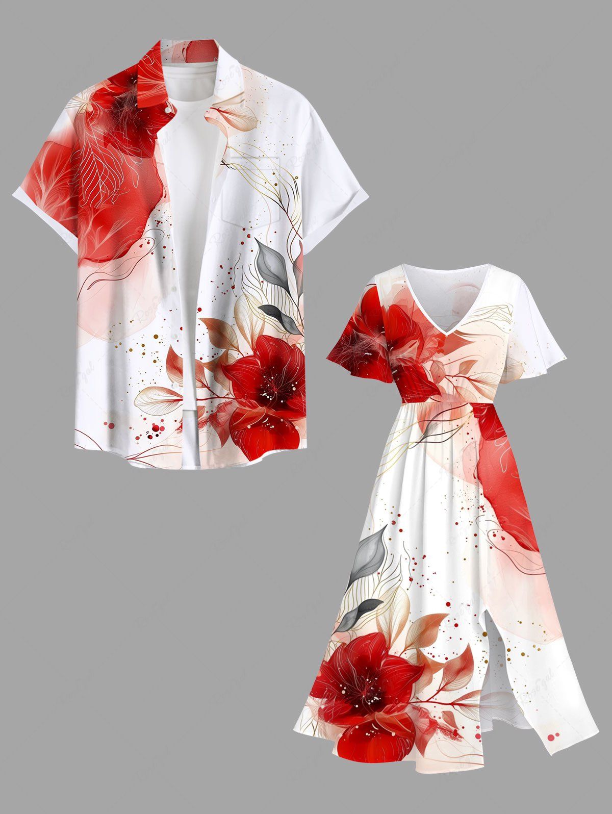 Tenue de plage hawaïenne assortie grande taille, motif floral et ligne imprimé tie-dye aquarelle, pour couples Rouge 