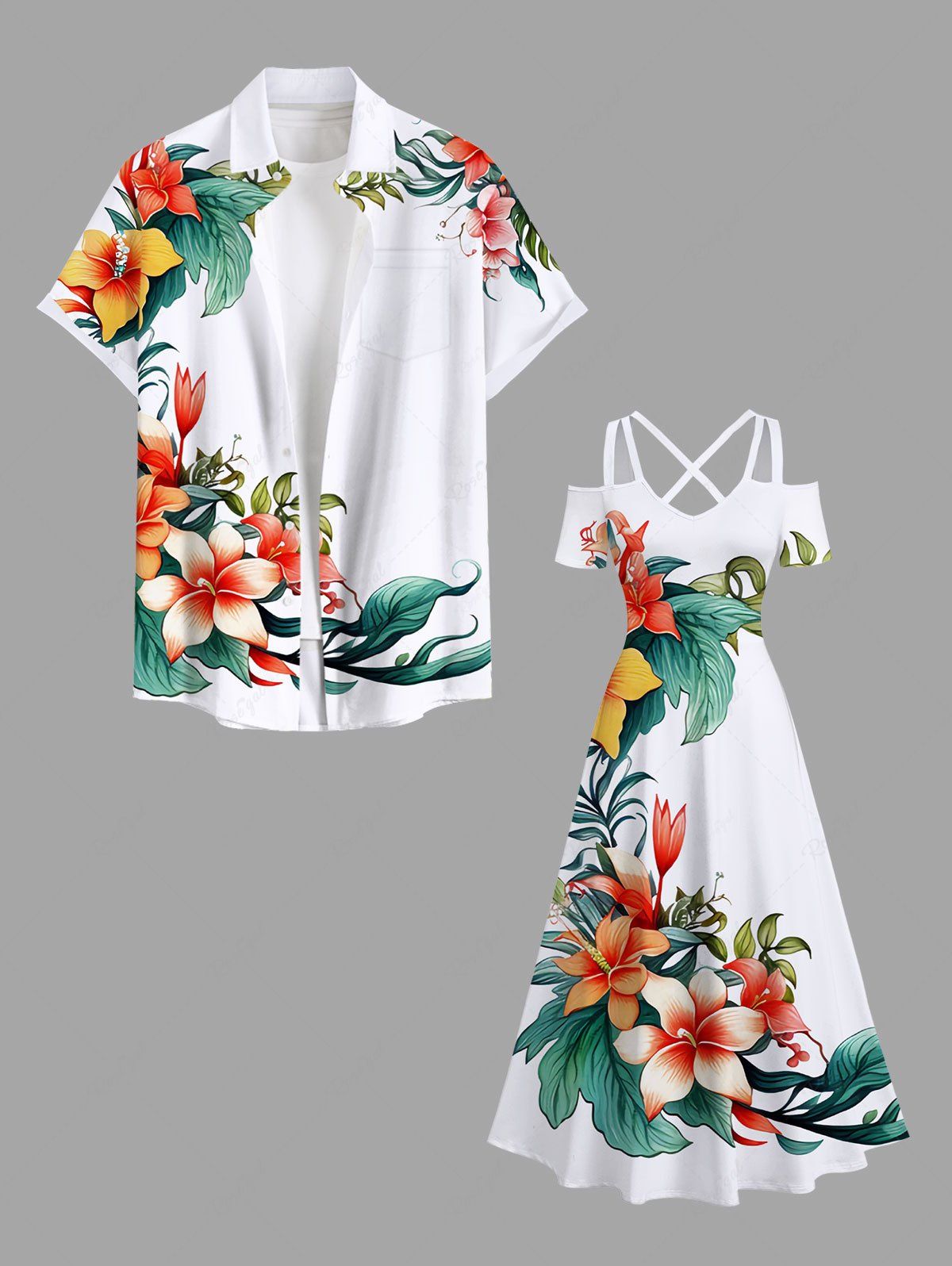 Floral Tropical Leaves Print Plus Size Matching Hawaii Beach Outfit For Couples Blanc 