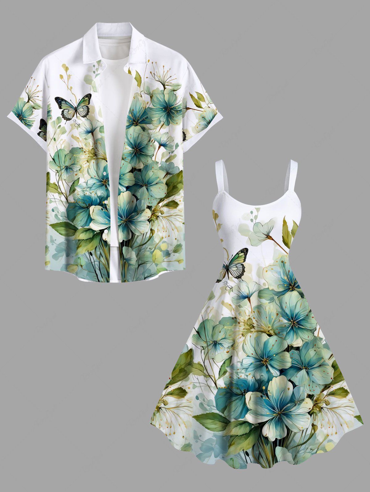 Costume de Plage Assortis à Imprimé Papillons Fleurs et Feuilles Grande-Taille pour Couples Blanc 