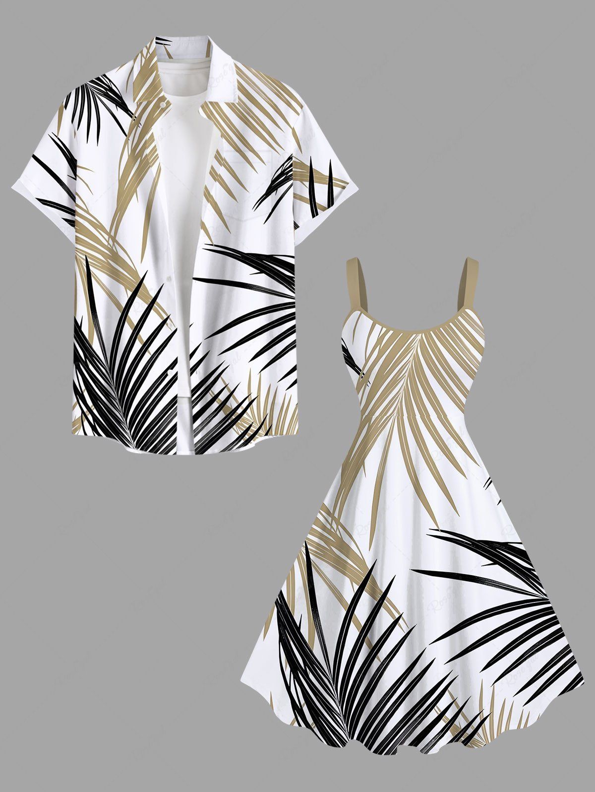 Chic Tropical Leaf Print Plus Size Matching Hawaii Beach Outfit For Couples  