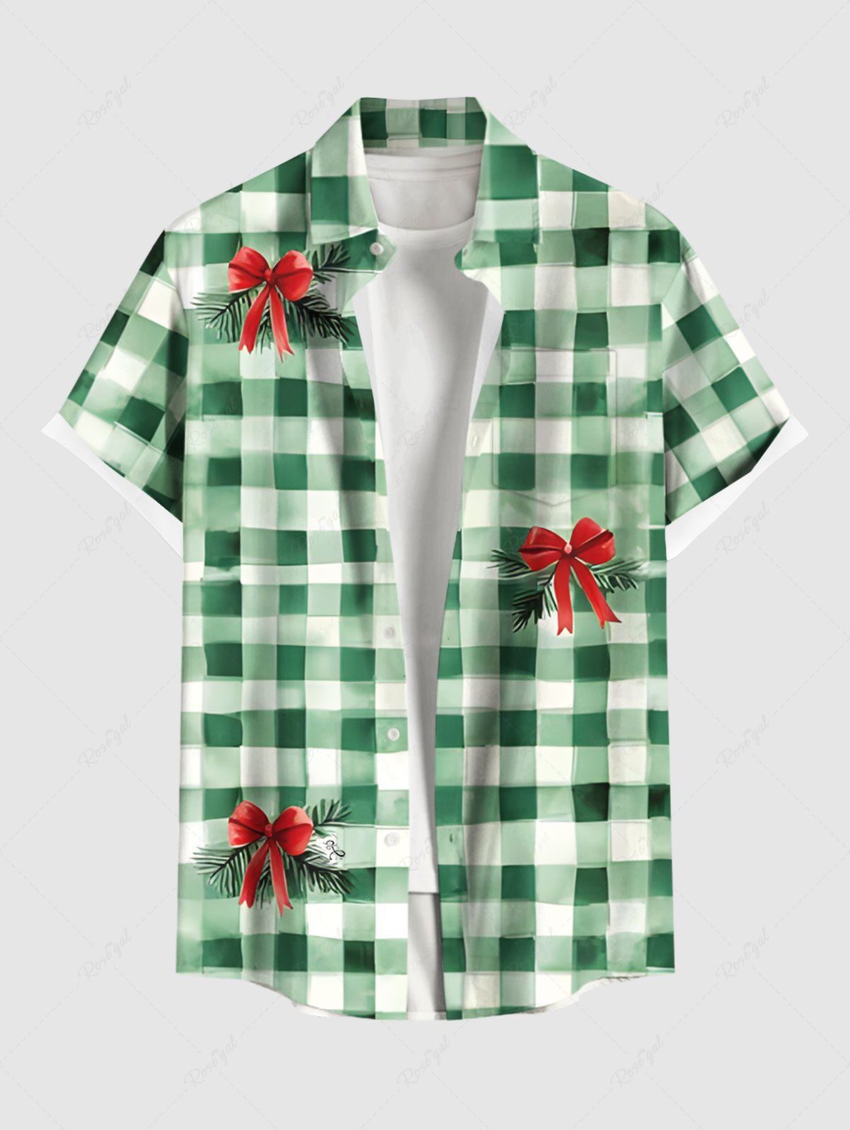 Latest Plus Size Tropical Leaves Bowknot Plaid Print Hawaii St. Patrick's Day Button Pocket Shirt For Men  