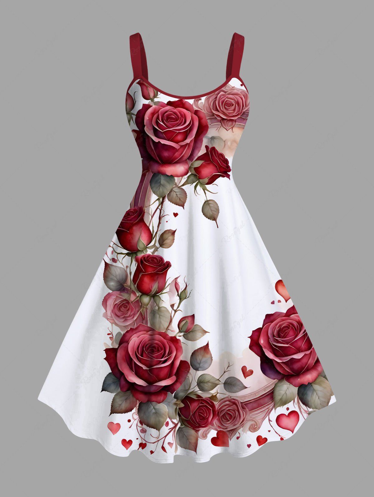 Latest Plus Size Rose Flower Leaf Heart Print Valentines Hawaii A Line Tank Dress  