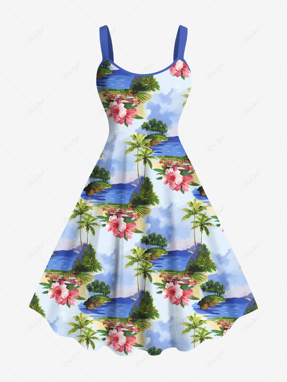 Robe Paysage de Plage Ligne A Fleur et Arbre Noix de Coco Imprimés de Grande Taille Bleu clair 6X